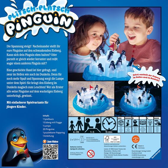 Ravensburger 21325 - Plitsch Platsch Pinguin - großer Spielspaß mit Geschicklichkeitsfaktor für Kinder und Erwachsene - Klassiker für 1 bis 5 Spieler ab 4 Jahren - Geburtstagsgeschenke