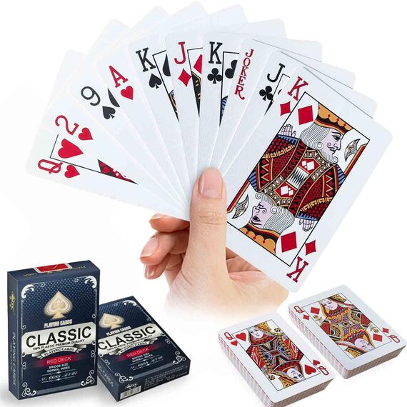WUGAUWOR Wasserfeste Spielkarten, Rote Plastik Pokerkarten, 2 Decks Kunststoff Poker Karten, Plastikspielkarten, Professionelle Standard Spielkarten für Canasta, Texas, Go Fish, Blackjack Kartenspiele
