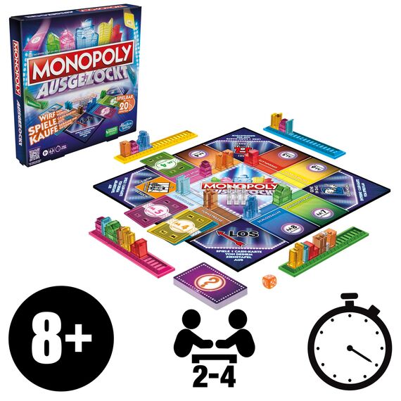 Monopoly Ausgezockt Brettspiel, schnelles Monopoly Familien-Spiel für 2–4 Spieler, Spieldauer ca. 20 Min.