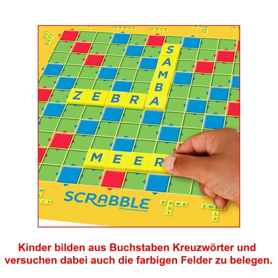 Mattel Games Scrabble Junior Wörterspiel und Kinderspiel, Kinderspiele Brettspiele geeignet für 2 - 4 Kinder ab 6 Jahren, Design kann variieren, Deutsche Version, Y9670