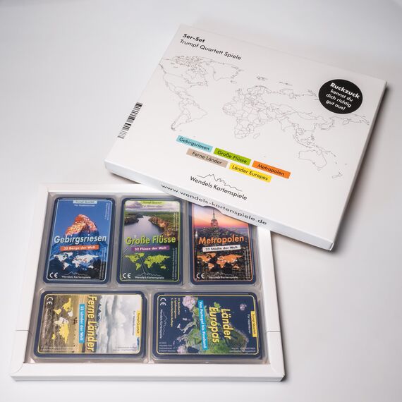Wendels Kartenspiele 5er-Set: Berge Flüsse Städte und Länder Trumpf Quartett Spiele | Kleine Geschenke für Kinder & Familie