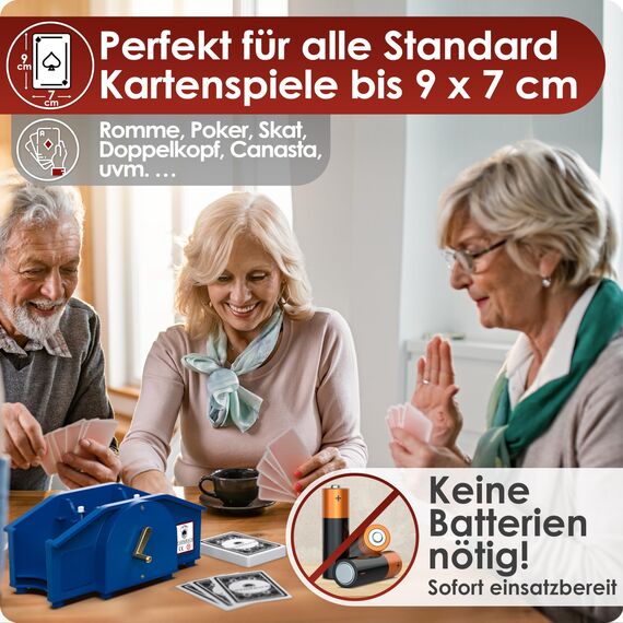 Weidebach® Blaue Kartenmischmaschine mit Goldener Kurbel für alle Standard Kartenspiele, Kartenmischer mit 2X Kartenspielen & Ersatzkurbel, Karten Mischgerät mit Buch für lustige Spieleabende