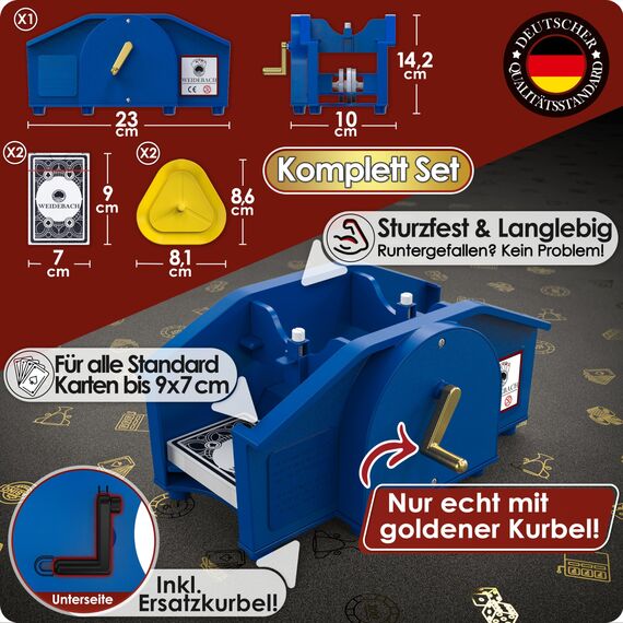 Weidebach® Blaue Kartenmischmaschine mit Goldener Kurbel für alle Standard Kartenspiele, Kartenmischer mit 2X Kartenspielen & Ersatzkurbel, Karten Mischgerät mit Buch für lustige Spieleabende