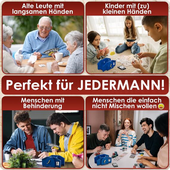 Weidebach® Blaue Kartenmischmaschine mit Goldener Kurbel für alle Standard Kartenspiele, Kartenmischer mit 2X Kartenspielen & Ersatzkurbel, Karten Mischgerät mit Buch für lustige Spieleabende