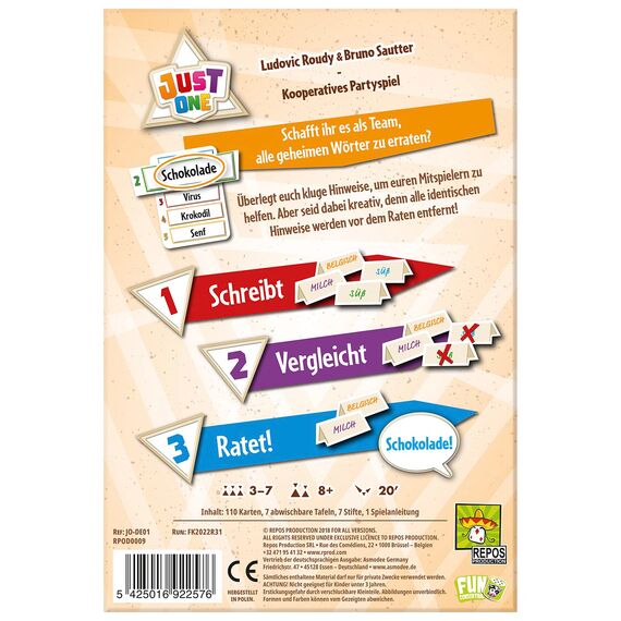 Repos Production, Just One, Grundspiel, Partyspiel, Spiel des Jahres 2019, 3-7 Spieler, Ab 8+ Jahren, 20+ Minuten, Deutsch