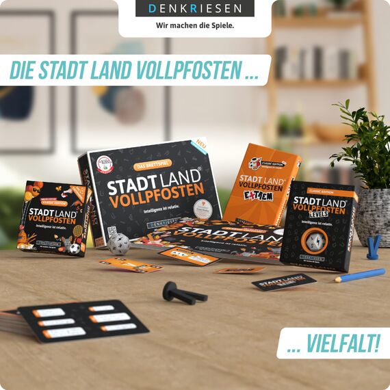 DENKRIESEN - Stadt Land Vollpfosten® Levels – Junior Edition - Jeder Punkt zählt.' | 60 Karten | Blitzwürfel | ab 8 Jahren | ca. 30-60min | 2-6 Spieler | Partyspiel | Reisespiel | Stadt Land Fluss