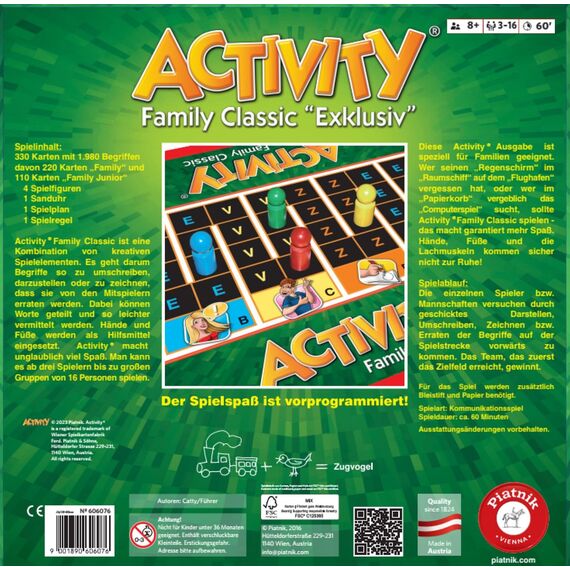Piatnik 606076 Activity - Family Classic Exklusiv - Der Spieleklassiker als Kombination aus Activity Junior und Activity Original - Pantomime, Zeichnen, Erklären, Partyspiel