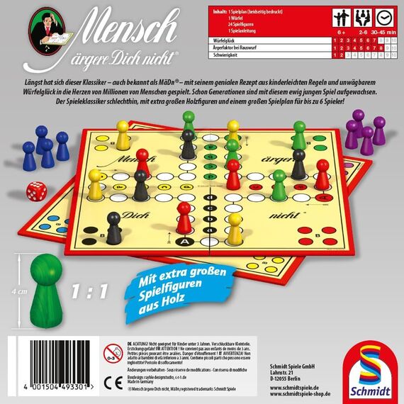 Schmidt Spiele 49330 Classic Line, Mensch ärgere Dich Nicht, mit extra großen Spielfiguren aus Holz, FFP, 2 bis 6 Spieler, bunt