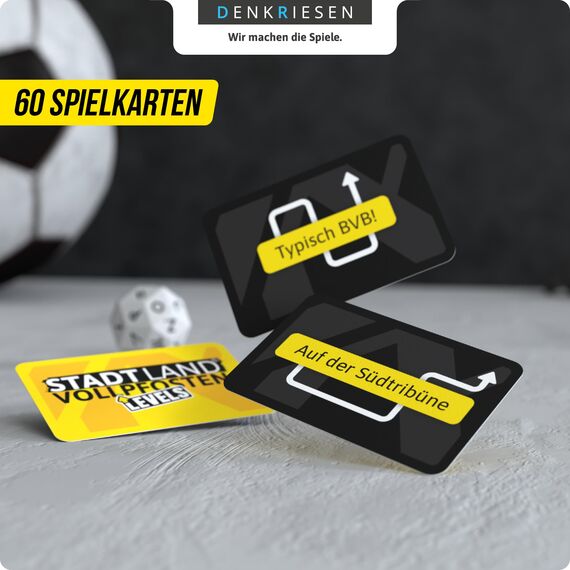 DENKRIESEN Stadt Land VOLLPFOSTEN® Levels – BVB Edition | 60 Karten | ab 12 Jahren | ca. 30 min | 2-6 Spieler | Borussia Dortmund Fan Spiel | Stadt Land Fluss BVB