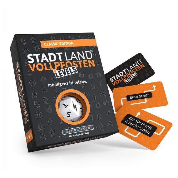 DENKRIESEN - Stadt Land Vollpfosten® Levels – Classic Edition | 60 Spielkarten und Blitzwürfel ab 12 Jahren | ca. 30 min Spielzeit für 2-6 Spieler | Familienspiel im Stadt Land Fluss Stil