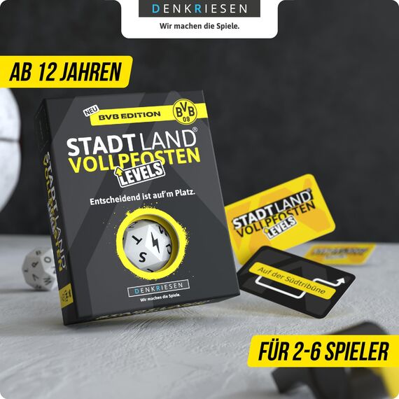DENKRIESEN Stadt Land VOLLPFOSTEN® Levels – BVB Edition | 60 Karten | ab 12 Jahren | ca. 30 min | 2-6 Spieler | Borussia Dortmund Fan Spiel | Stadt Land Fluss BVB