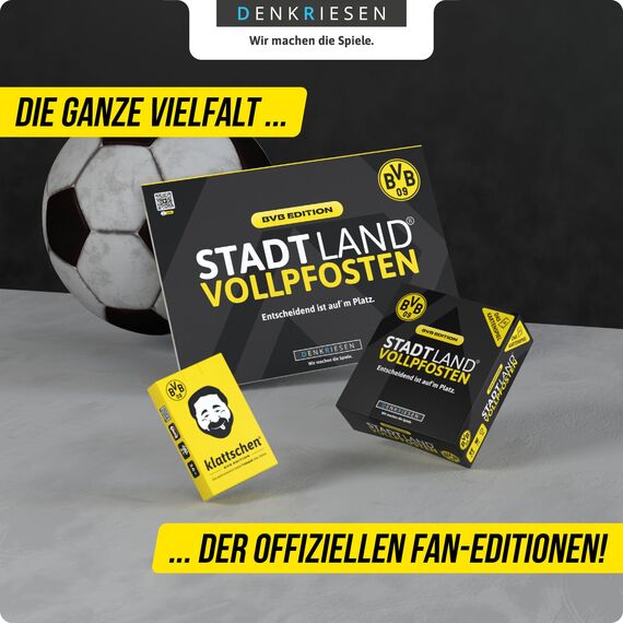 DENKRIESEN Stadt Land VOLLPFOSTEN® Levels – BVB Edition | 60 Karten | ab 12 Jahren | ca. 30 min | 2-6 Spieler | Borussia Dortmund Fan Spiel | Stadt Land Fluss BVB