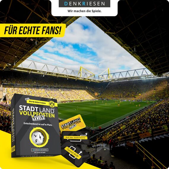 DENKRIESEN Stadt Land VOLLPFOSTEN® Levels – BVB Edition | 60 Karten | ab 12 Jahren | ca. 30 min | 2-6 Spieler | Borussia Dortmund Fan Spiel | Stadt Land Fluss BVB