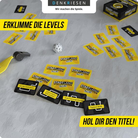 DENKRIESEN Stadt Land VOLLPFOSTEN® Levels – BVB Edition | 60 Karten | ab 12 Jahren | ca. 30 min | 2-6 Spieler | Borussia Dortmund Fan Spiel | Stadt Land Fluss BVB