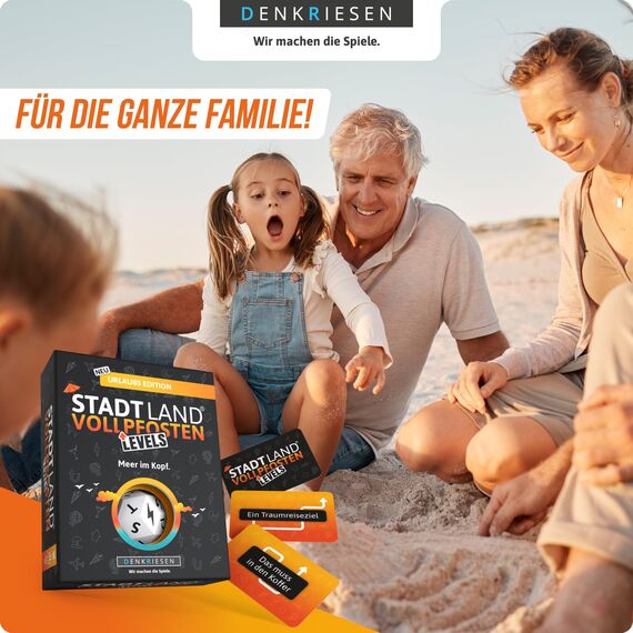 DENKRIESEN - Stadt Land Vollpfosten® Levels Urlaubs Edition – Meer im Kopf. | 60 Karten | ab 12 Jahren | ca. 30 min | 2-6 Spieler | Familienspiel | Reisespiel | Stadt Land Fluss für den Urlaub