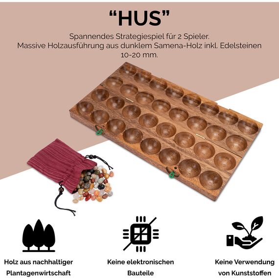LOGOPLAY Hus - Bao - Kalaha - Mancala - Steinchenspiel - Edelsteinspiel aus Samena-Holz inkl. Edelsteinen