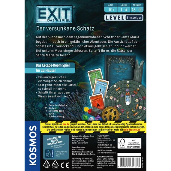 KOSMOS 694050 EXIT - Das Spiel - Der versunkene Schatz, Level: Einsteiger, Escape Room Spiel, EXIT Game für 1 bis 4 Spieler ab 10 Jahre, EIN einmaliges Gesellschaftsspiel