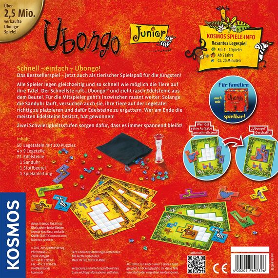 Kosmos 697396 Ubongo Junior, rasantes Kinderspiel ab 5 Jahren, Knobelspaß und Legespiel, für 1-4 Spieler