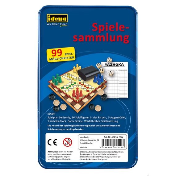 Idena -Spielesammlung mit 99 Spielmöglichkeiten, in Tinbox, inklusive verschiedenen Brett-und Würfelspielen, Spielanleitung, für 2 bis 8 Spieler ab 6 Jahren