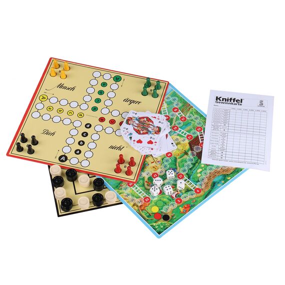 Idena 6102589 - Spielesammlung mit 150 Spielmöglichkeiten, inklusive original Mensch ärgere Dich nicht und Kniffel, für 1 bis 8 Spieler ab 6 Jahren