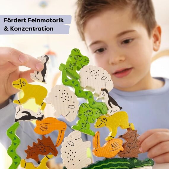 HABA Tier auf Tier – Stapelspiel aus Holz mit 29 Tieren, Balance- und Motorikspielzeug für Kinder ab 4 Jahren. Fördert Feinmotorik und Konzentration – Geschenk für Kleinkinder - 2011189001