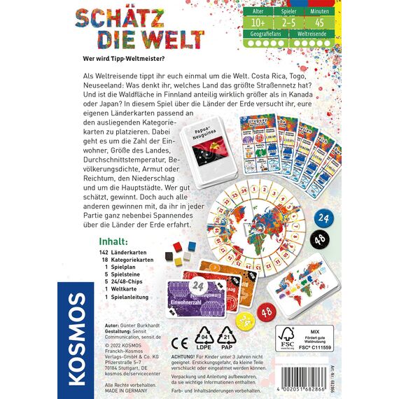 Kosmos 682866 Schätz die Welt, Wer Wird Wett-Weltmeister? Geografie-Spiel über die Länder der Erde, ab 10 Jahre, für 2 - 5 Personen, Gesellschaftsspiel Multicolor