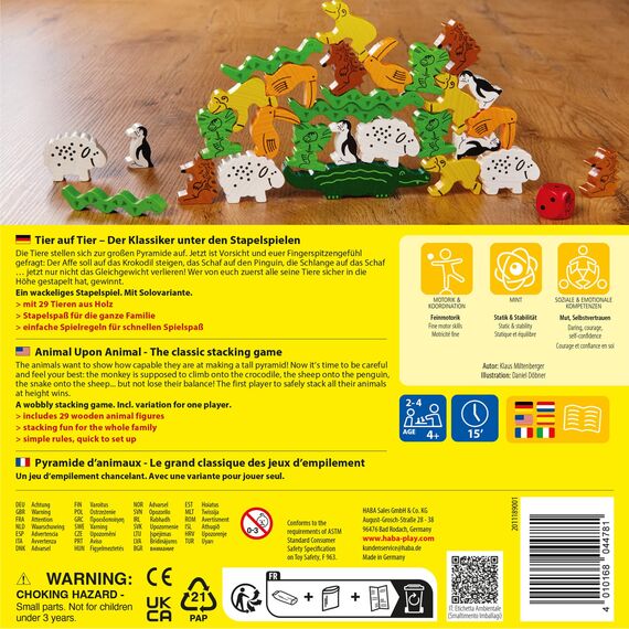 HABA Tier auf Tier – Stapelspiel aus Holz mit 29 Tieren, Balance- und Motorikspielzeug für Kinder ab 4 Jahren. Fördert Feinmotorik und Konzentration – Geschenk für Kleinkinder - 2011189001
