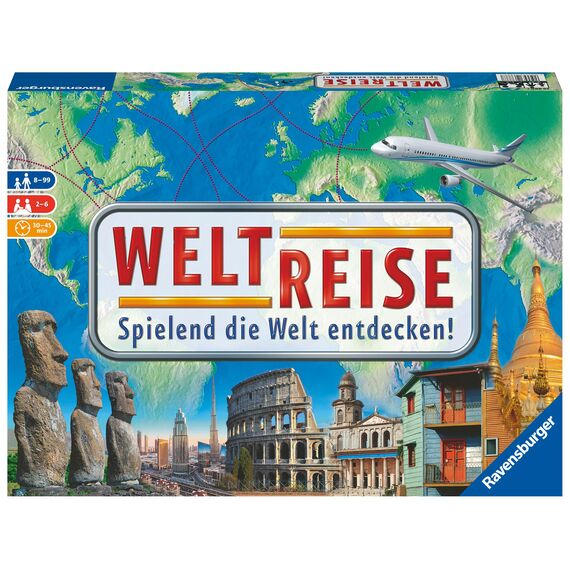 Ravensburger Familienspiel 26888 - Weltreise - Familienklassiker ab 8 Jahren - Gesellschaftsspiel, Reise einmal um die Welt, Brettspiel für bis zu 6 Spieler - über 170 Städte