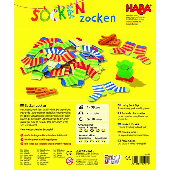 HABA Socken zocken – Schnelles Reaktionsspiel für Kinder ab 4 Jahren – Lustiges Suchspiel für 2–6 Spieler – Familienspiel mit Sprachförderung – 1004465001