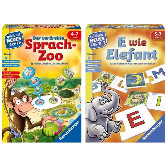Ravensburger 24945 - Der verdrehte Sprach-Zoo - Spielen und Lernen für Kinder, Lernspiel für Kinder von 4-7 Jahren, Spielend Neues Lernen für 2-4 Spieler & 24951 - E wie Elefant