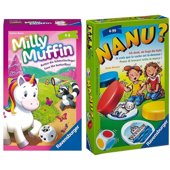 Ravensburger, Milly Muffin, 20670, kooperatives Einhorn Kinderspiel ab 4 Jahren & 23063 - Nanu? Mitbringspiel für 2-4 Spieler, Merkspiel ab 4 Jahren, kompaktes Format, Reisespiel, Würfelspiel