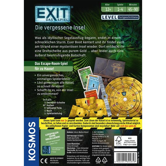 Kosmos 692858 EXIT - Das Spiel - Die vergessene Insel, Level: Fortgeschrittene, Escape Room Spiel, EXIT Game für 1-4 Spieler ab 12 Jahre, EIN einmaliges Gesellschaftsspiel