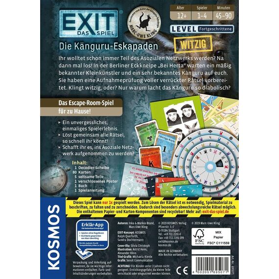 KOSMOS 695071 EXIT® - Das Spiel - Die Känguru-Eskapaden, Level: Fortgeschrittene, Marc-Uwe Kling Känguru Chroniken, Escape Room Spiel, EXIT Game 1-4 Spieler ab 12 Jahre