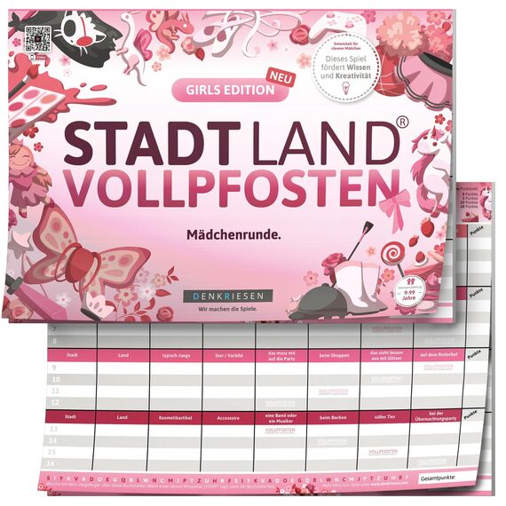 DENKRIESEN - Stadt Land VOLLPFOSTEN® - Girls Edition | DIN A4 Spielblock | 26 Kategorien & 50 Seiten | Familienspiel | Ideal für Mädchen | Spaß für die ganze Familie | Spieleabend & Geschenkidee