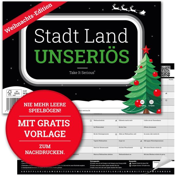 Weihnachtsspiel: Stadt Land Unseriös Weihnachts-Edition | Geschenkidee | Stadt Land Fluss mit 72 Kategorien. Lustiges Familienspiel für Weihnachten | DIN-A4 Spielblock | Weihnachtszeit & Advent