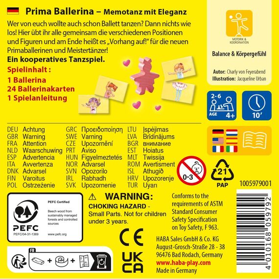 HABA Prima Ballerina – Tanzspiel für 2-6 Kinder – Zum Figuren Nachtanzen – Kooperatives Spiel zum Thema Ballett ab 4 Jahren – 1005979001