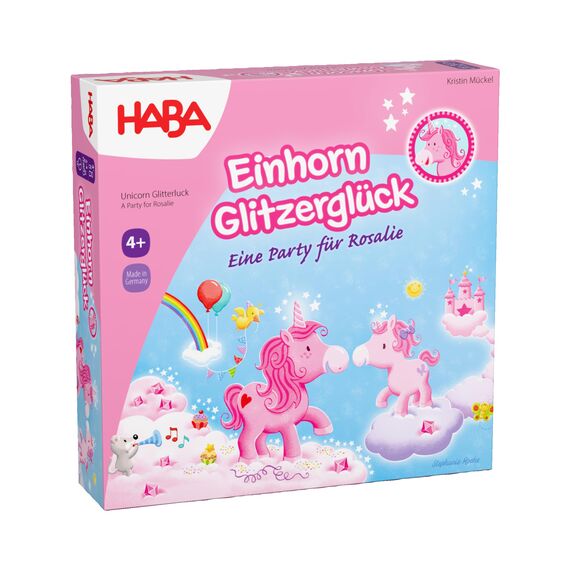 HABA Einhorn Glitzerglück – Eine Party für Rosalie – Kooperatives Lauf- und Sammelspiel für 2-4 Spieler ab 4 Jahren – Brettspiel, Kinderspielzeug - 2012228001
