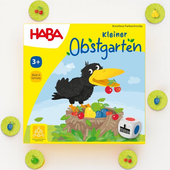 HABA Kleiner Obstgarten – Kooperatives Würfelspiel ab 3 Jahren – Fördert Farb- & Formenzuordnung & Teamarbeit – Für 1-4 Spieler – 1004907001