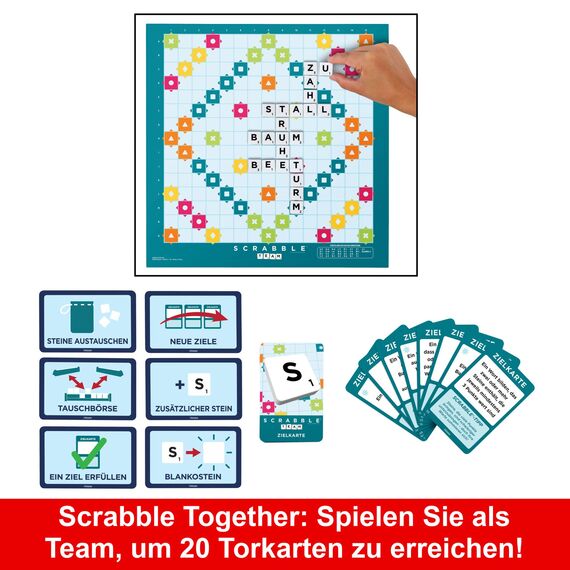 MATTEL GAMES Scrabble Zwei in Eins - Doppelseitiges Brettspiel für schnelles, zwangloses und kooperatives Spiel, inklusive 50 Zielkarten für Scrabble Together, einfache Punktevergabe, HWD45