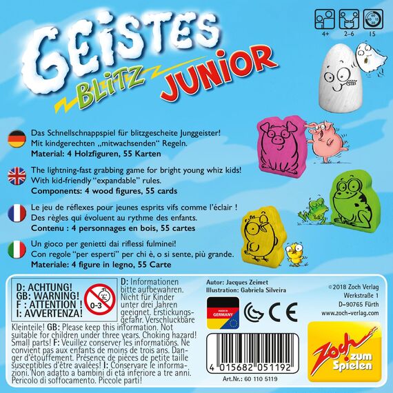 Zoch Geistesblitz Junior - Reaktionsspiel für Kinder mit Farb-Figuren, schnelles Kombinieren mit Geist, Frosch, Ferkel und Küken, Farbspiel für 2–6 Kinder ab 4 Jahren