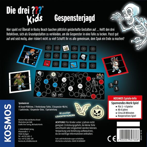 Die drei ??? Kids von KOSMOS Gespensterjagd, kooperatives Memo-Spiel für 2-4 Spieler ab 6 Jahren, Kinderspiel mit coolen Leuchtstickern, Brettspiel für die ganze Familie