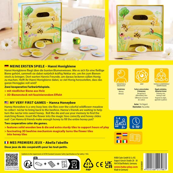 HABA – Meine ersten Spiele: Hanni Honigbiene – Kooperatives Würfel- und Farbspiel – Für Kinder ab 2 Jahren – Mit 3D-Bienenstock und Holzfigur – 1301838001