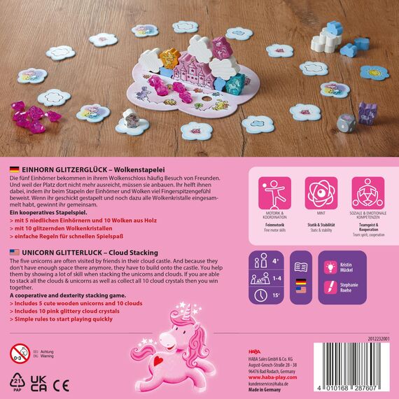 HABA Einhorn Glitzerglück: Wolkenstapelei – Stapelspiel für Kinder mit Einhörnern, Holz-Wolken & 10 glitzernden Wolkenkristallen, ab 4 Jahren – 2012232001