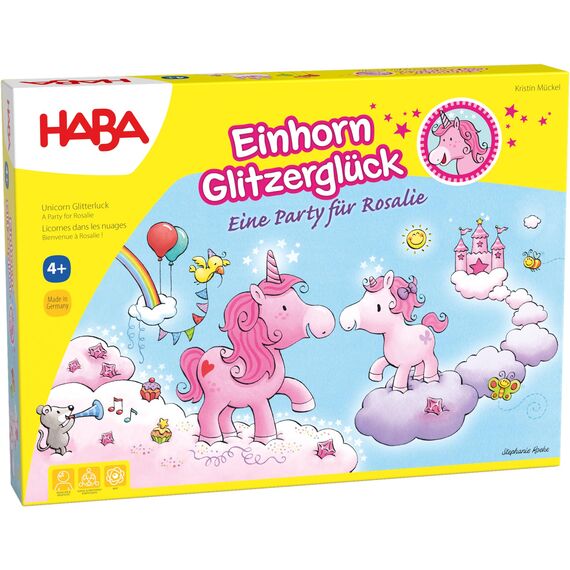 HABA Einhorn Glitzerglück – Kooperatives Lauf- und Sammelspiel für 2-4 Spieler ab 4 Jahren – Party im Wolkenland – Brettspiel, Kinderspielzeug - 1302767001