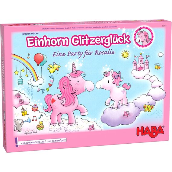 HABA Einhorn Glitzerglück – Kooperatives Lauf- und Sammelspiel für 2-4 Spieler ab 4 Jahren – Party im Wolkenland – Brettspiel, Kinderspielzeug - 1302767001