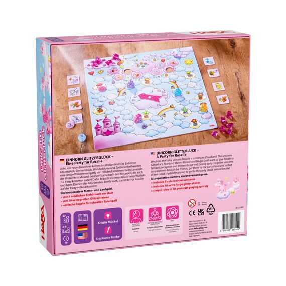 HABA Einhorn Glitzerglück – Eine Party für Rosalie – Kooperatives Lauf- und Sammelspiel für 2-4 Spieler ab 4 Jahren – Brettspiel, Kinderspielzeug - 2012228001