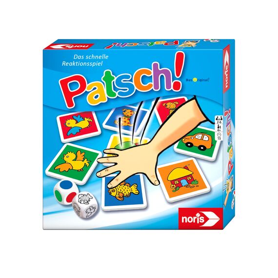 noris Patsch Reaktionsspiel, Kinderspiel mit 25 Motivkarten & 2 Würfeln, Für 2‑6 Spieler, Fördert Aufmerksamkeit & Schnelligkeit, Ab 4 Jahren, Familienspiel