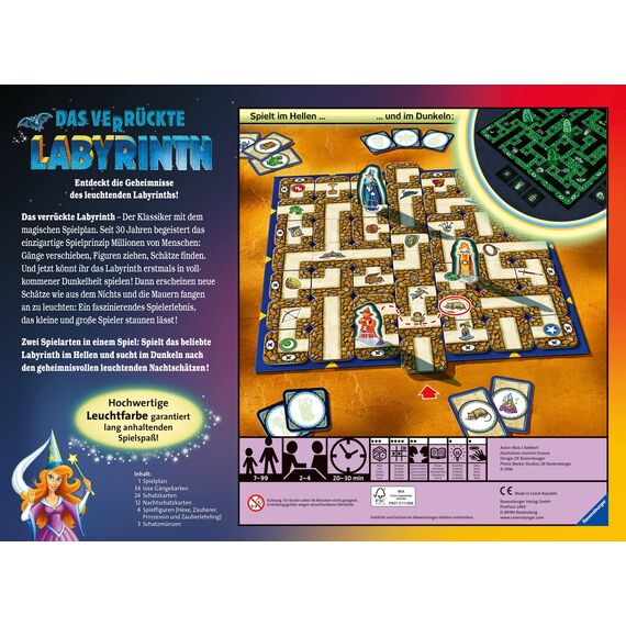 Ravensburger 26687 - Labyrinth Glow in The Dark - Familienklassiker mit Leuchtfarbe, Spiel für Kinder und Familien ab 7 Jahren - Gesellschaftspiel geeignet für 2-4 Spieler - Schätze suchen
