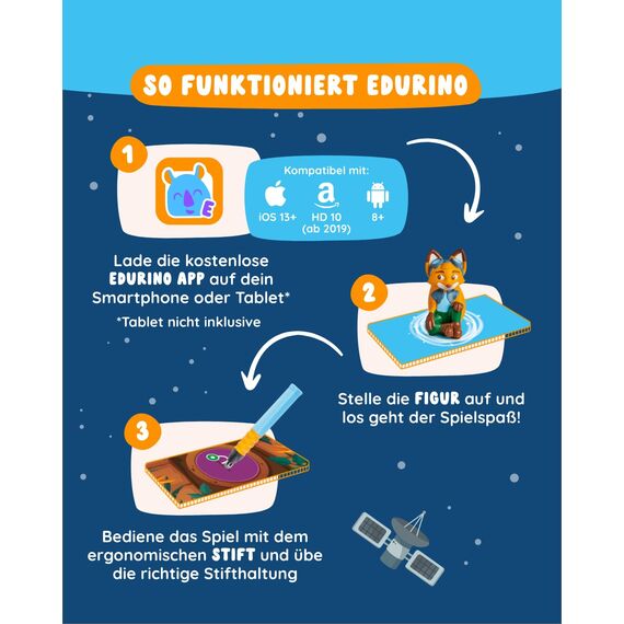 Edurino 3-in-1 Starterset | 3 Lernspiele | ab 4 Jahren | Digitales Lernspiel mit Mika Erstes Lesen & Schreiben, Robin Erste Zahlen & Mengen, Yuki Kreativität inkl. Stift