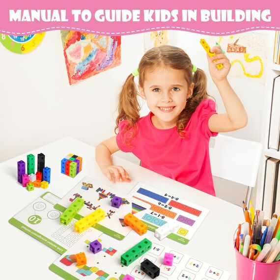 HOTUT Steckwürfel, 100 Stück Math Cubes, rechenwürfel grundschule mit 18 Lehrkarten und löschbarer Stift, Lernen Lernspiele, mathematische würfel Geschenk ab 3-8 Jahren Jungen und Mädchen